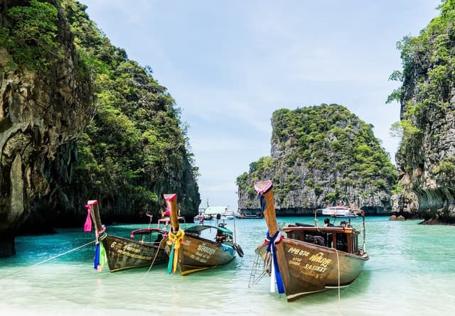 Long tail boats near islands close to Phuket