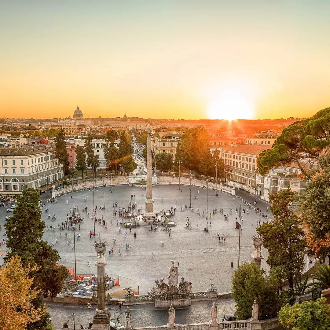 The Passeggiata square in the sunset from eager view.